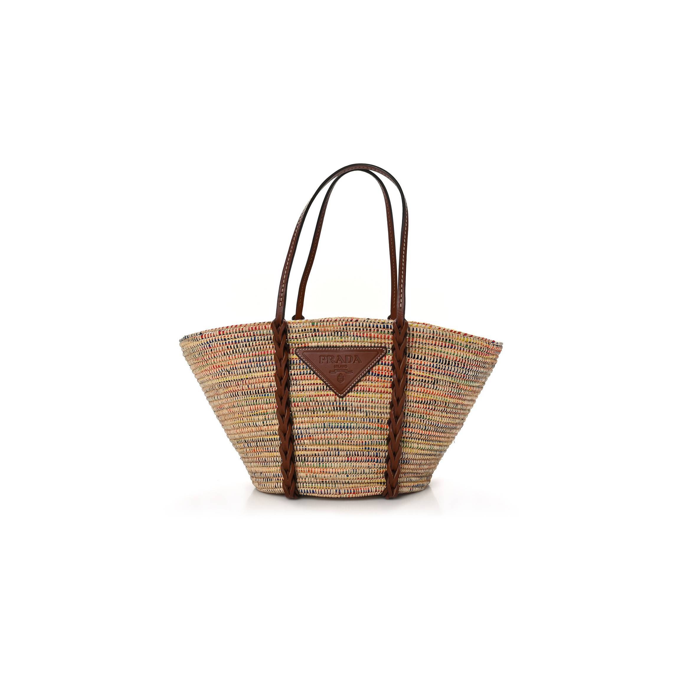 PRADA PAGLIA VITELLO WOVEN BRAIDED BASKET TOTE MULTICOLOR COGNAC 1BG312_2DIF_F00J7_V_IOM (25*25*14cm)